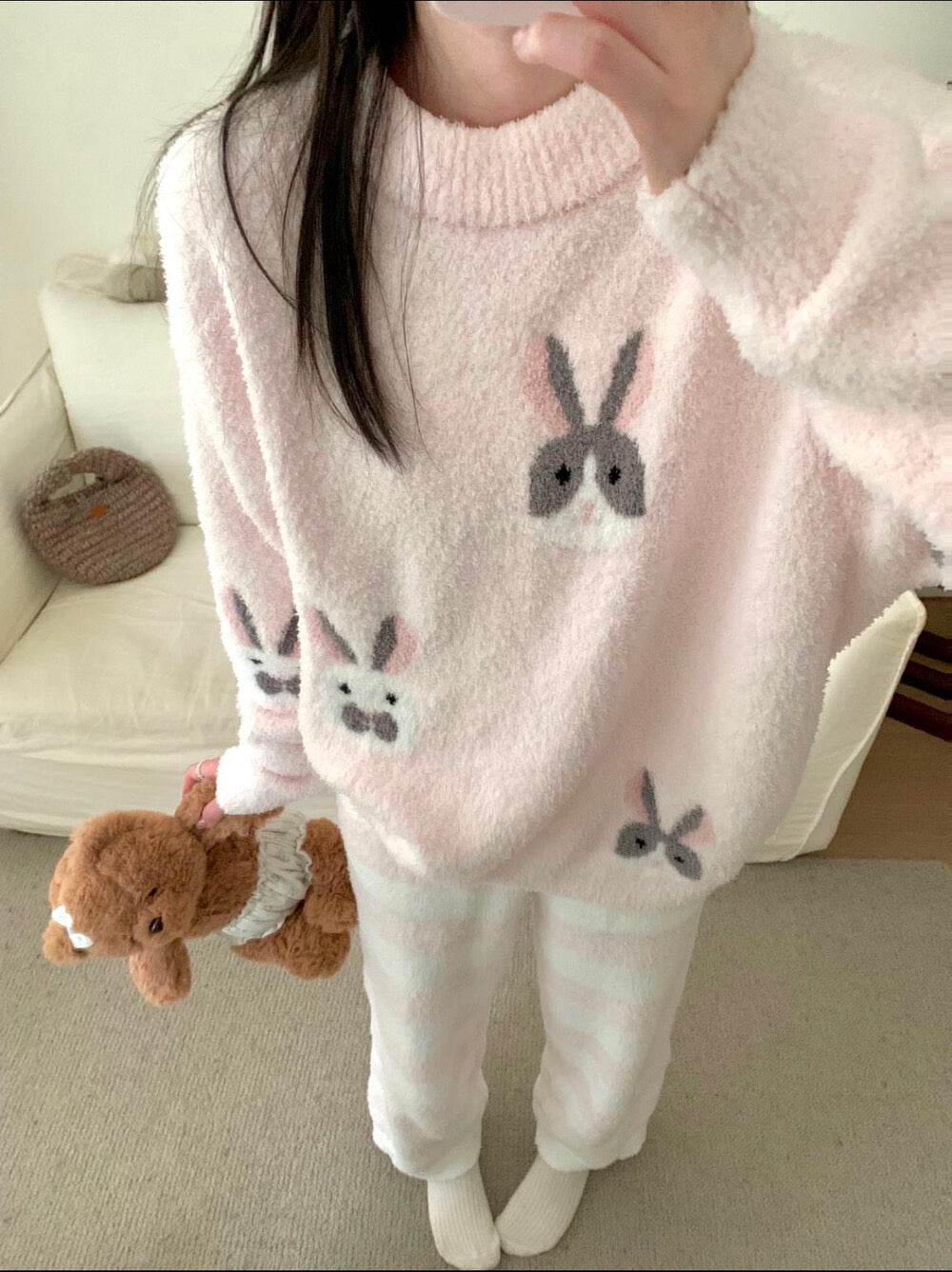 Kelly Designs Ultra-Soft Pink Bunny Fleece Pajama Set – Cozy Top & Pants (2-Piece Set) (Instock)