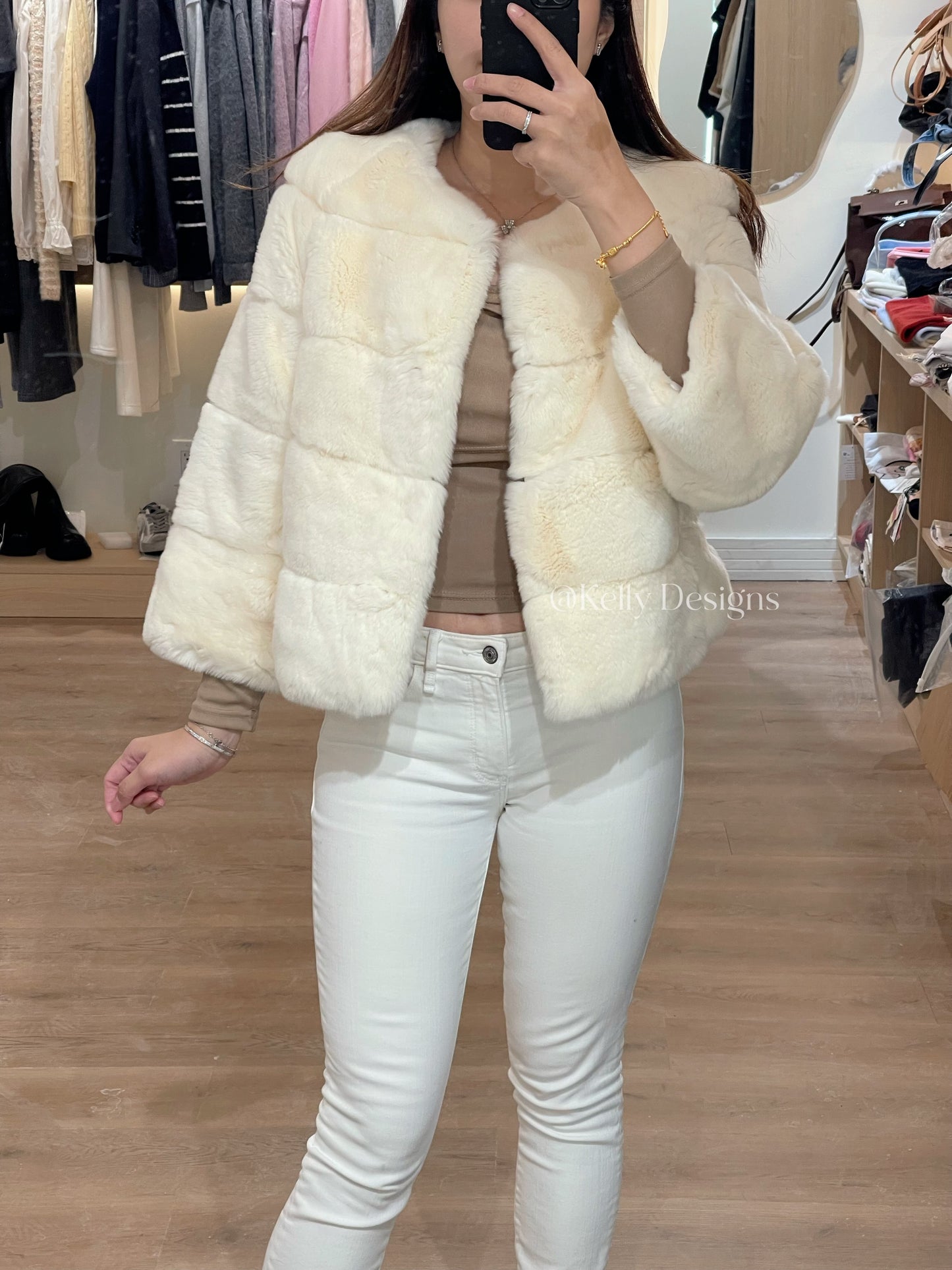 Kelly Designs Imported Rex Rabbit Fur Jacket – Ivory White | New Year Rabbit (Instock)