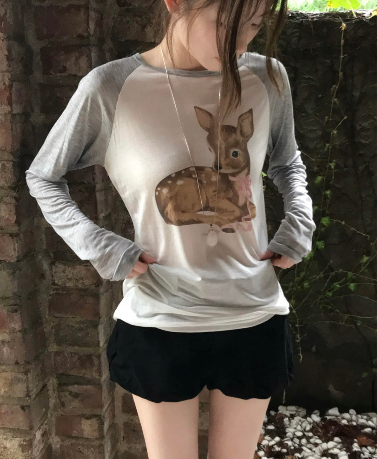 Korean Baby Bambi Raglan Long Sleeve Tee - Pink/Gray (Instock)