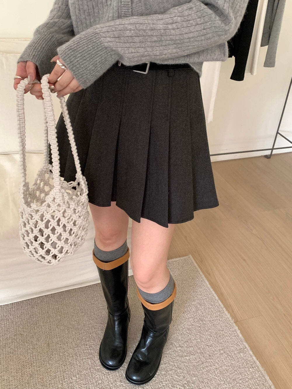 Kelly Designs Thick Pleated Mini Grey Skirt with Belt (Instock)