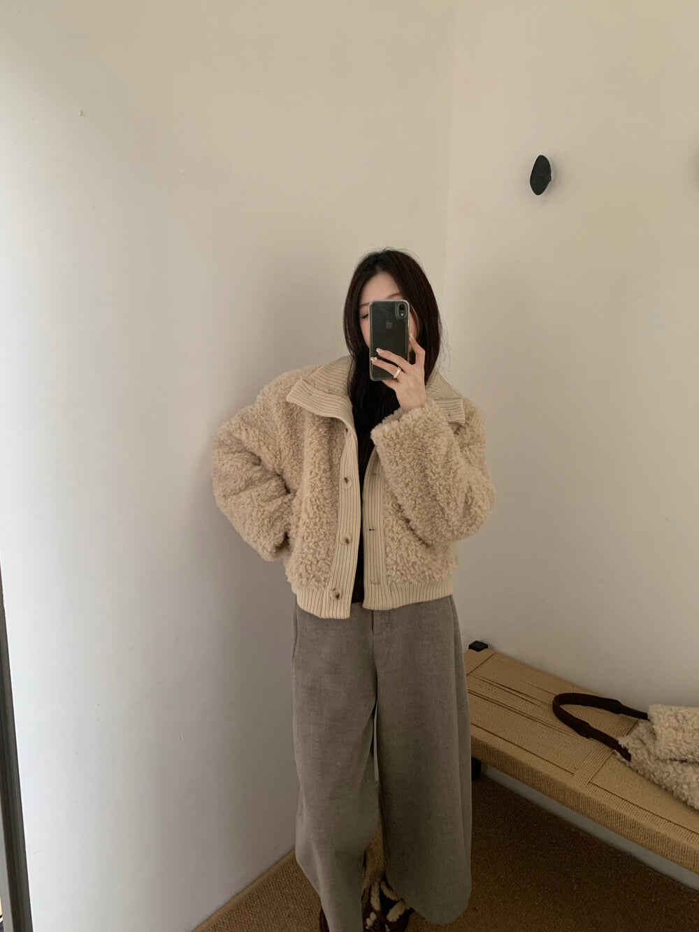 Kelly Designs Soft Teddy Knit-Trim Jacket – Cozy Stand Collar Short Coat (Instock)