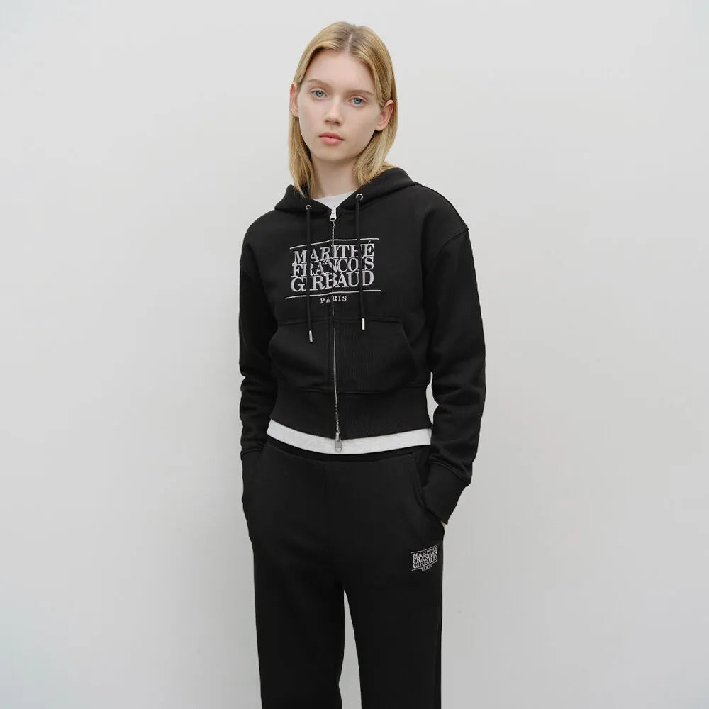 Marithe W Embroidery Classic Logo Crop Hoodie Zipup Black(Instock)