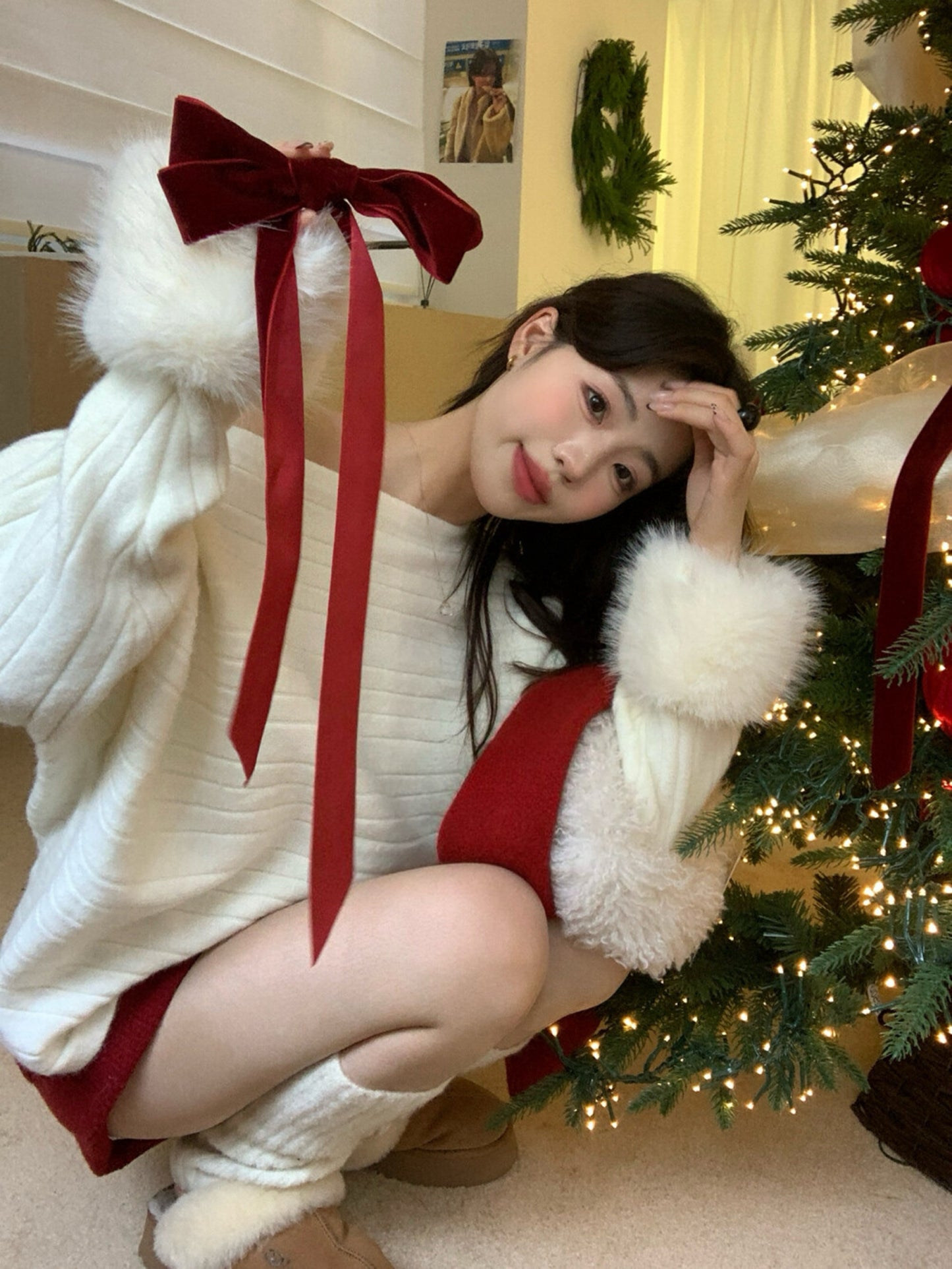 Kelly Designs  French-Inspired Off-Shoulder Knit Sweater with Fur Cuffs (Instock)