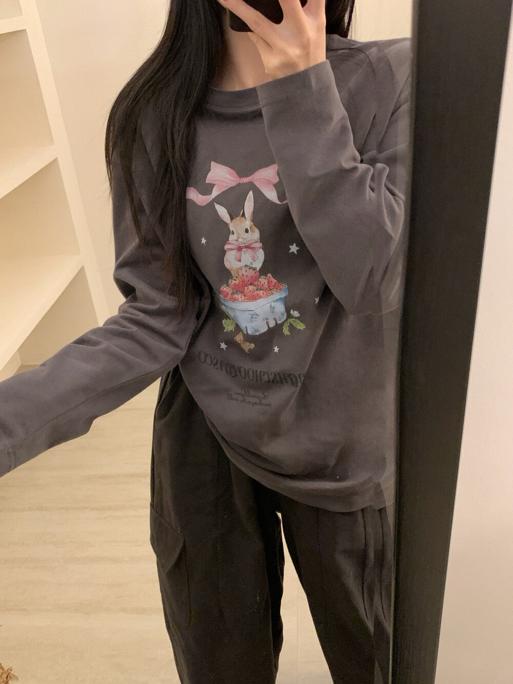 Kelly Designs Brushed Cotton Long-Sleeve Tee – Bow Strawberry Bunny Print (Instock)