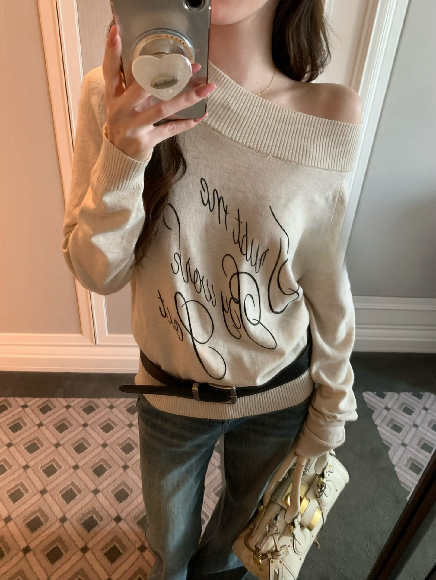 Kelly Designs Off-Shoulder Letter Knit Top with Belt (6% Wool Blend) (Instock)