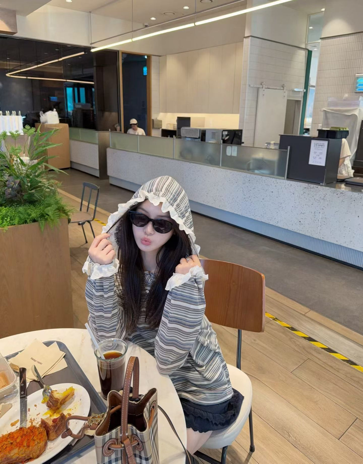 Korean Collection Lace-Trim Striped Hooded Top (Instock)