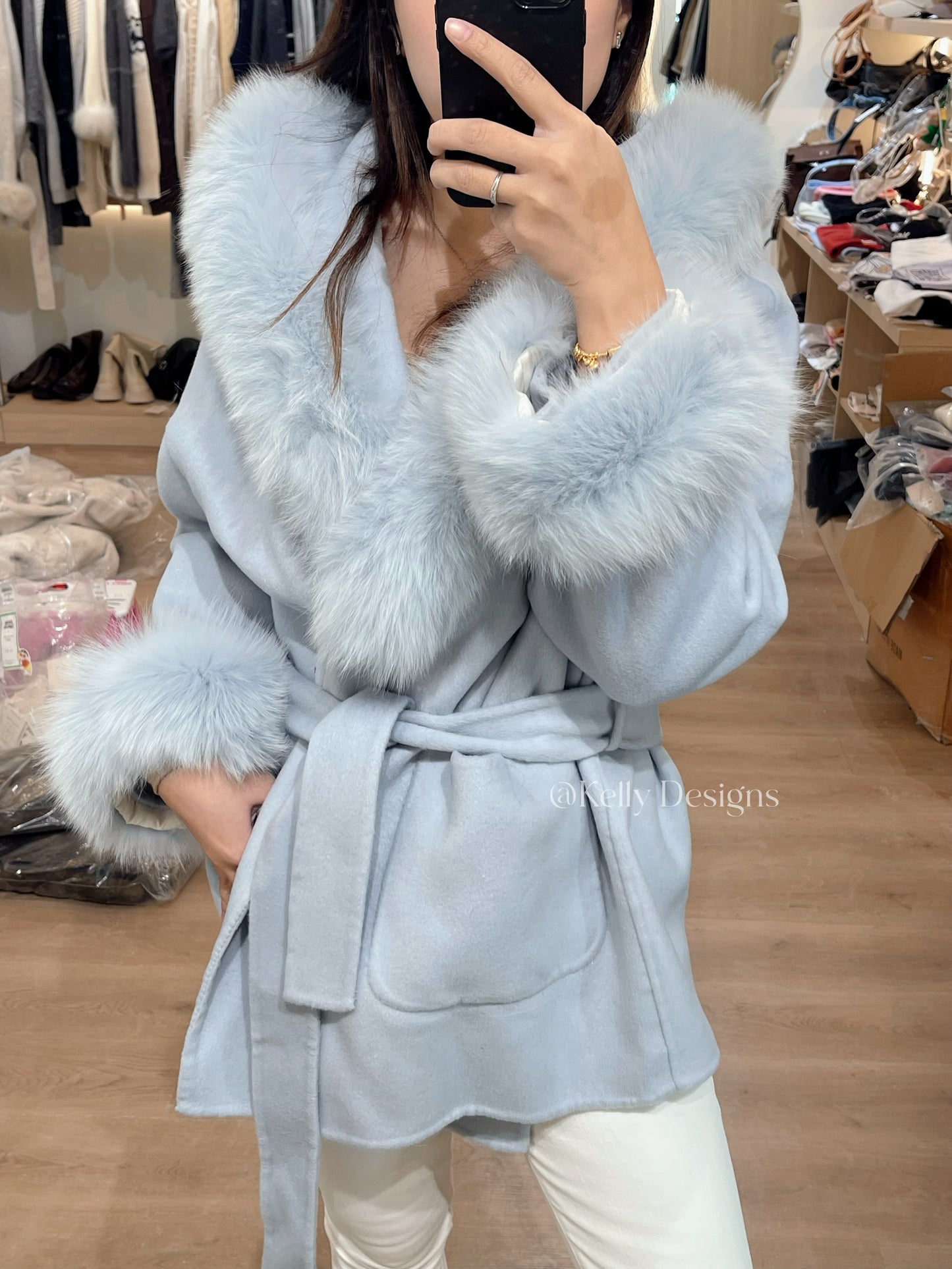 Kelly Designs Fox Fur Wool Blue Coat (Instock)