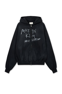 Matin Kim VINTAGE WASHED GRAFFITI HOODY ZIP UP IN BLACK (Instock)