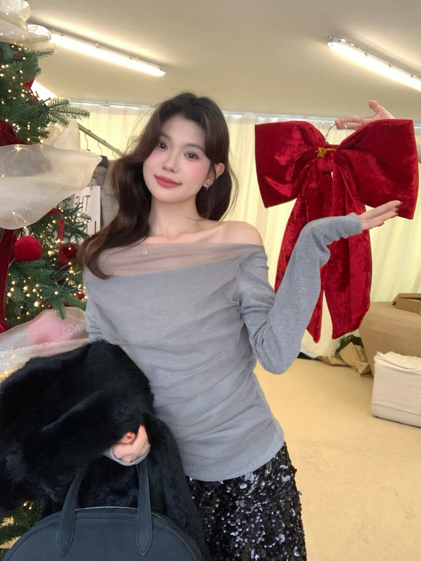 Kelly Designs Off-Shoulder Mesh Ruched Long Sleeve Top (Light Fleece) (Instock)