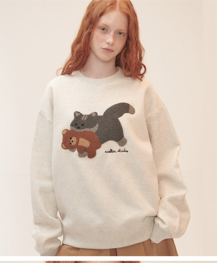 Ambler Overfit Cat biting Teddy bear Oatmeal Sweater (Preorder)