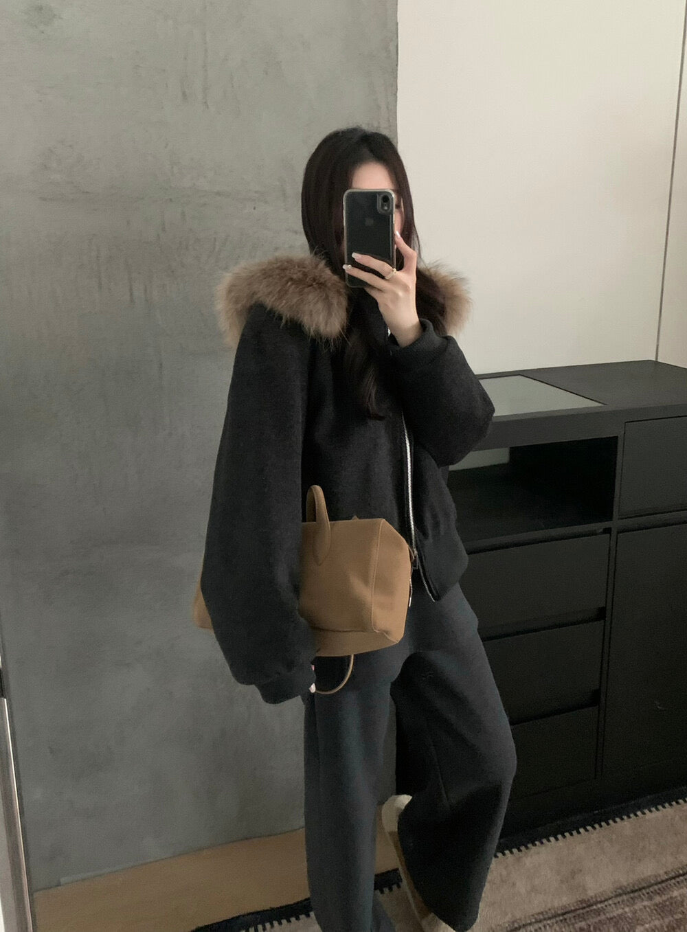 Kelly Designs Minimal Wool-Blend Short Goose Jacket with Detachable Raccoon Fur Collar (Instock)