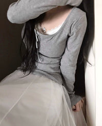 Korean Beauté Ribbon Shirring Top - Grey (Instock)
