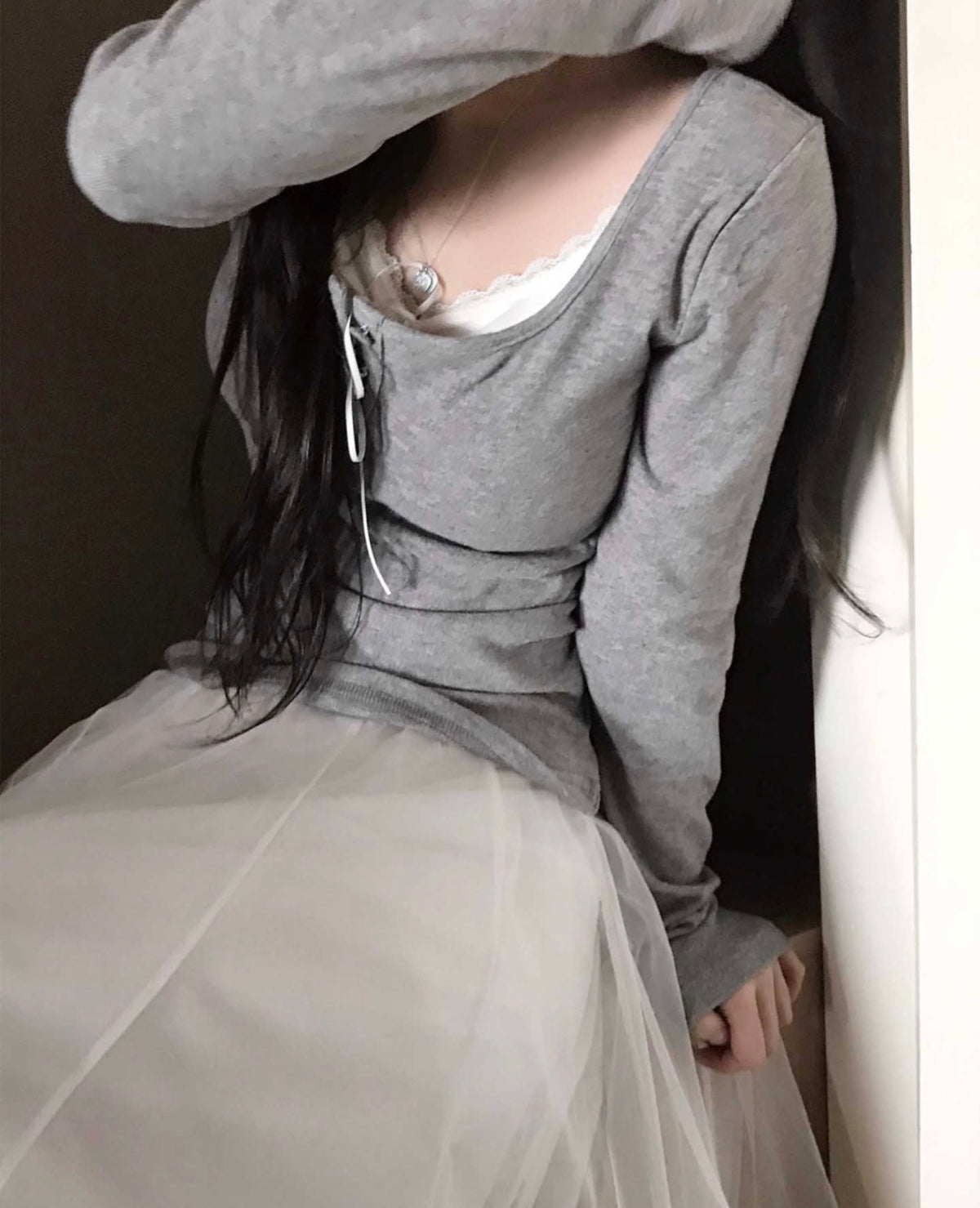 Korean Beauté Ribbon Shirring Top - Grey (Instock)