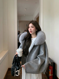 Kelly Designs Fox Fur Hoodie Zip Up Grey Wool Coat (Instock）