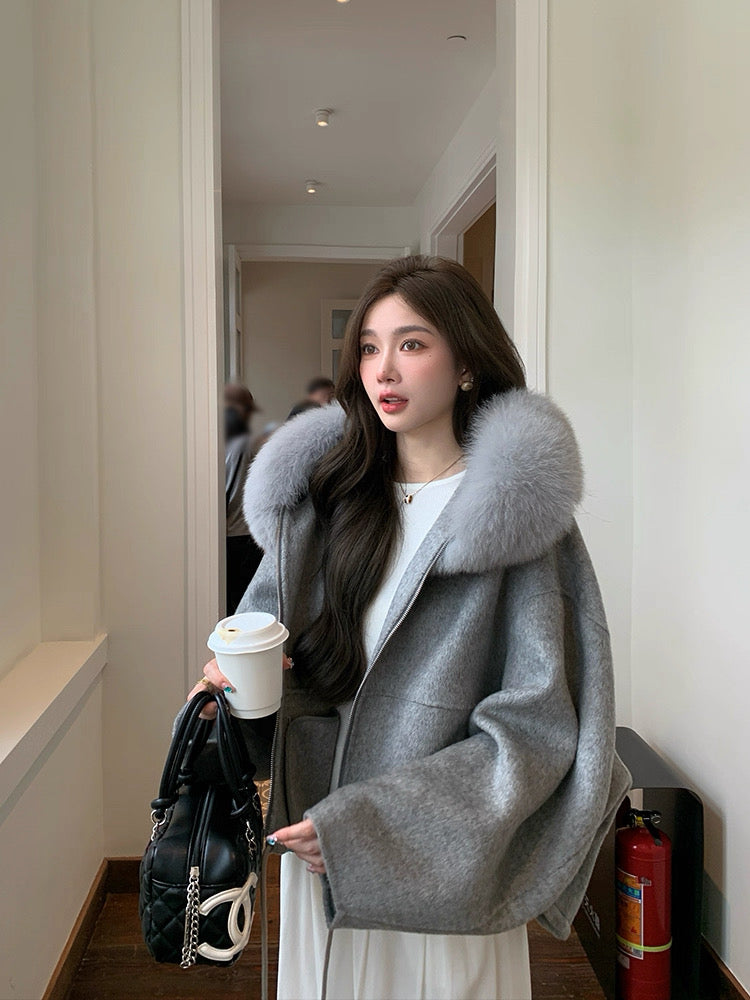 Kelly Designs Fox Fur Hoodie Zip Up Grey Wool Coat (Instock）