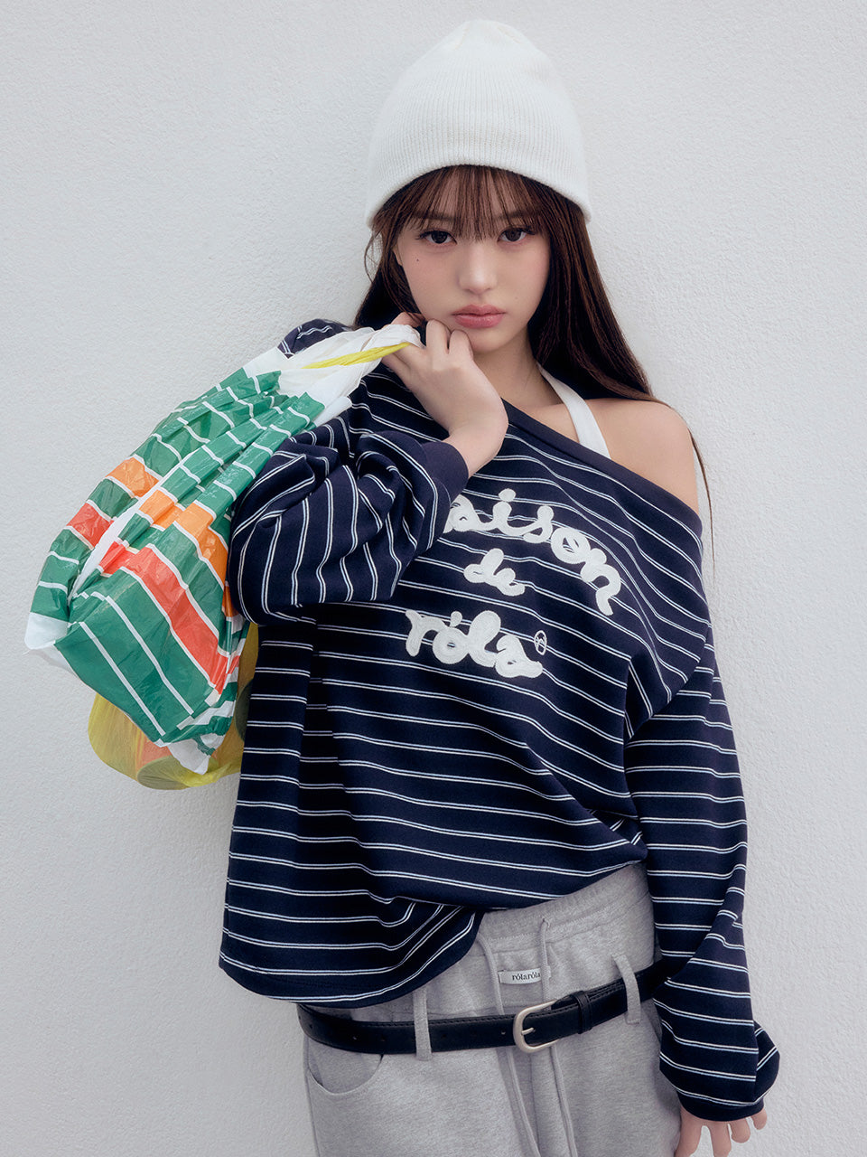 Korean Collection | Rola Rola Maison de Rola Off-Shoulder Stripe Sweatshirt (Instock)
