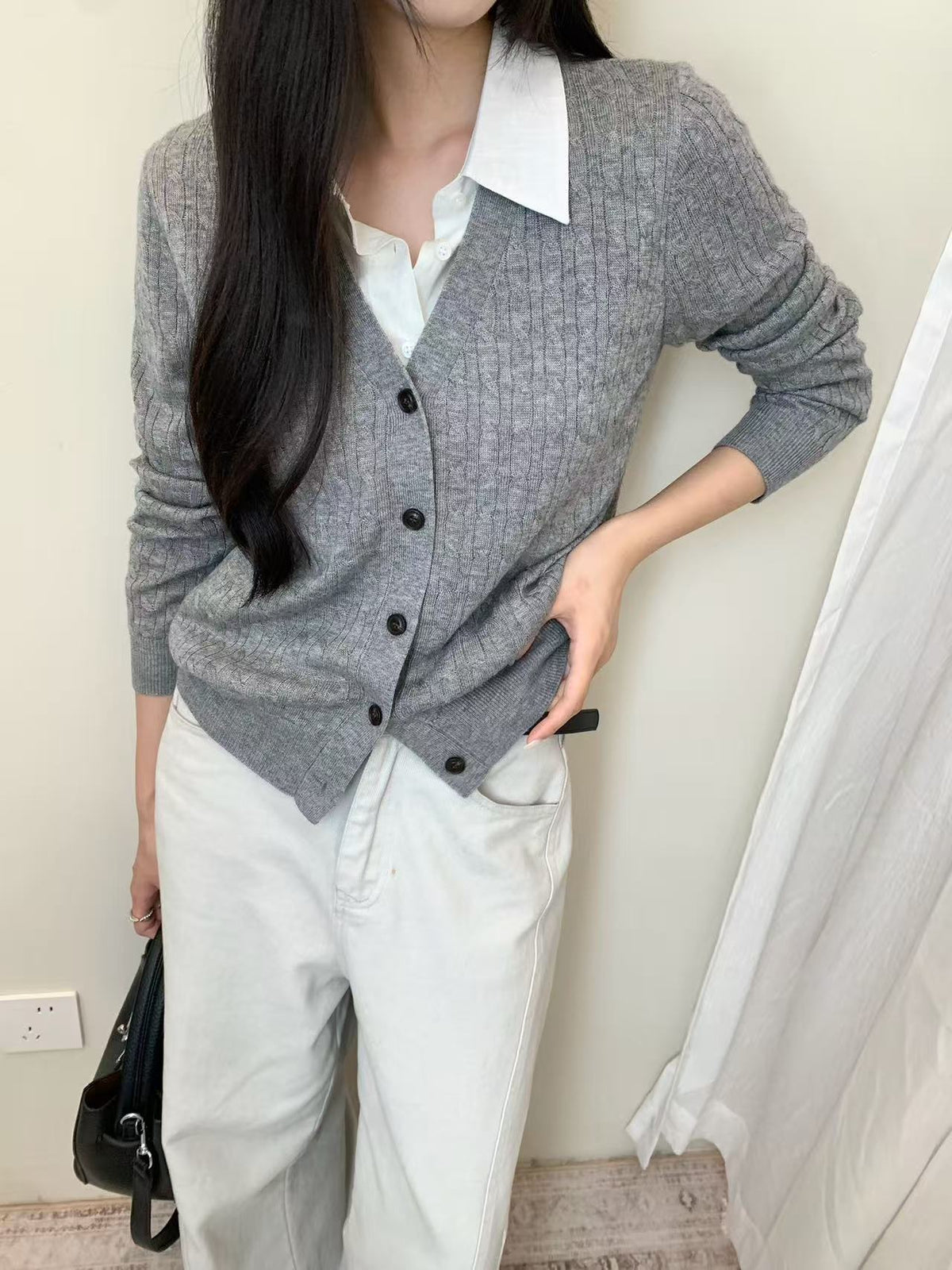 Kelly Designs Linen & Wool-Blend Contrast-Collar Cable-Knit Cardigan (Instock)