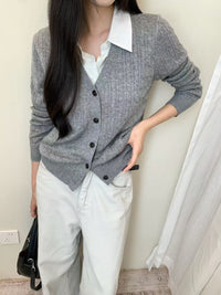 Kelly Designs Linen & Wool-Blend Contrast-Collar Cable-Knit Cardigan (Instock)