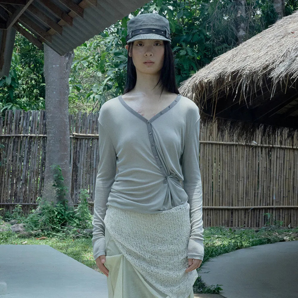 Korean Verso Henley V-neck Top (Instock)