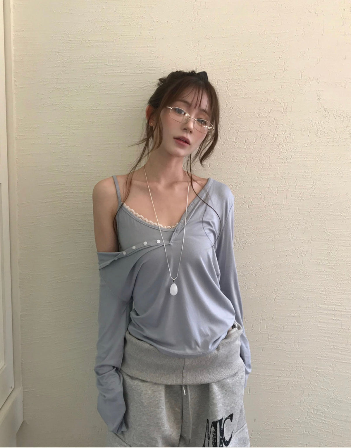 Korean Lace Cami & One Shoulder Button Top Set (Instock)