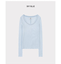 Korean Soft U-Neck Contrast Stitch Long Sleeve Top – 7 Colors (Instock)