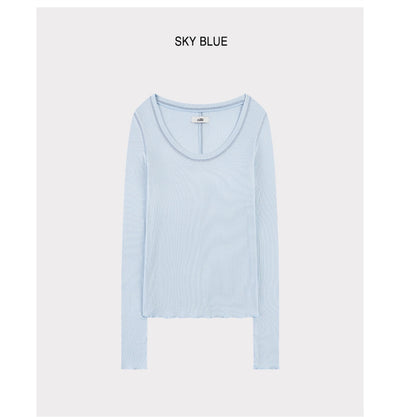 Korean Soft U-Neck Contrast Stitch Long Sleeve Top – 7 Colors (Instock)