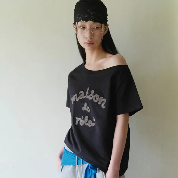Rolarola Embroidery Off Shoulder Tshirt Off Black (Instock）