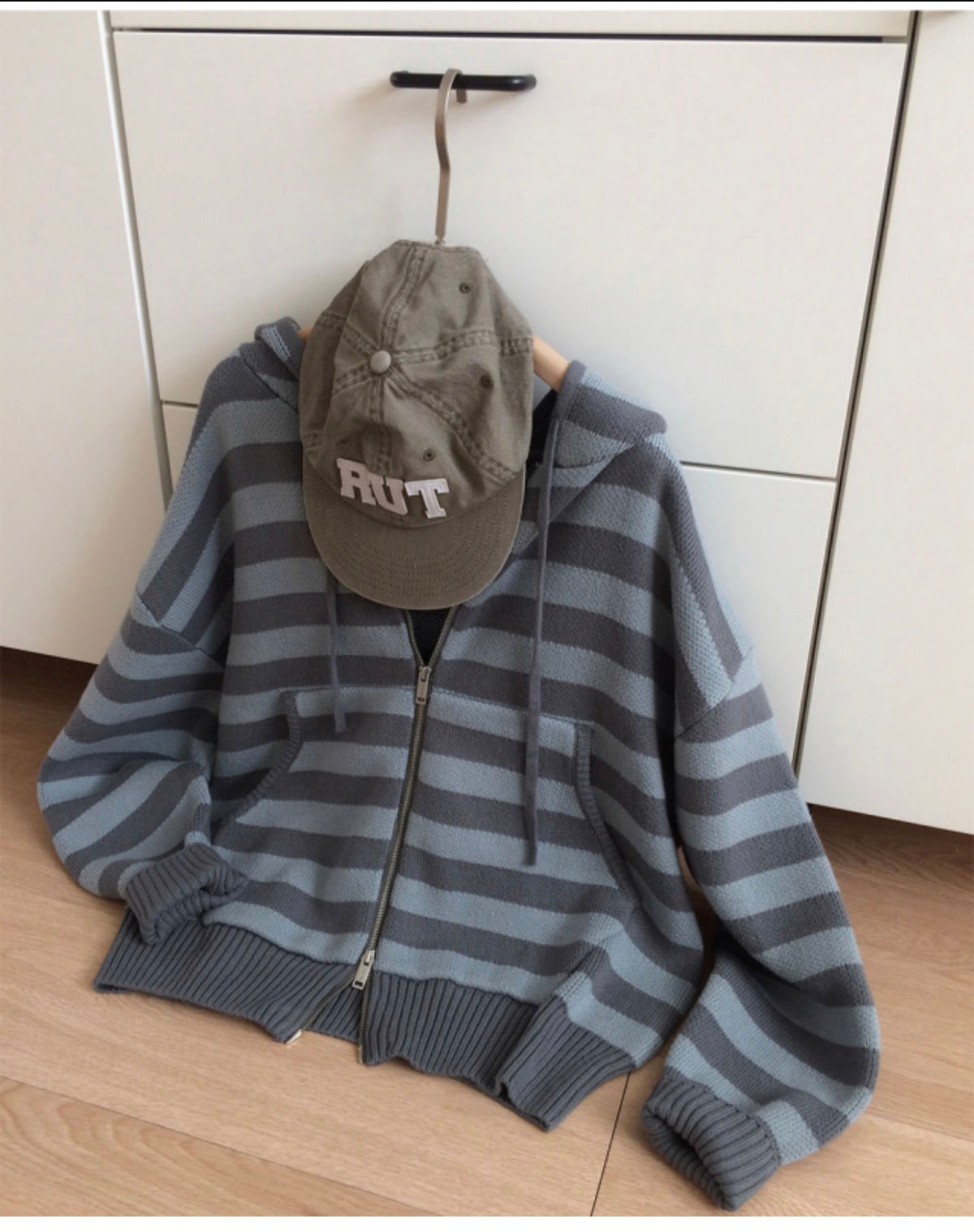 Korean Collection Lucy Oversized Striped Knit Zip-Up Hoodie (Instock)