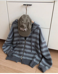 Korean Collection Lucy Oversized Striped Knit Zip-Up Hoodie (Instock)