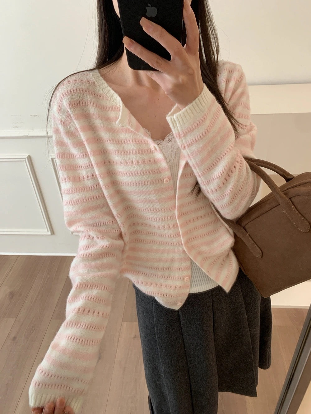 Kelly Designs Pink & Cream Striped Pointelle Cardigan – 100% Wool (Instock)