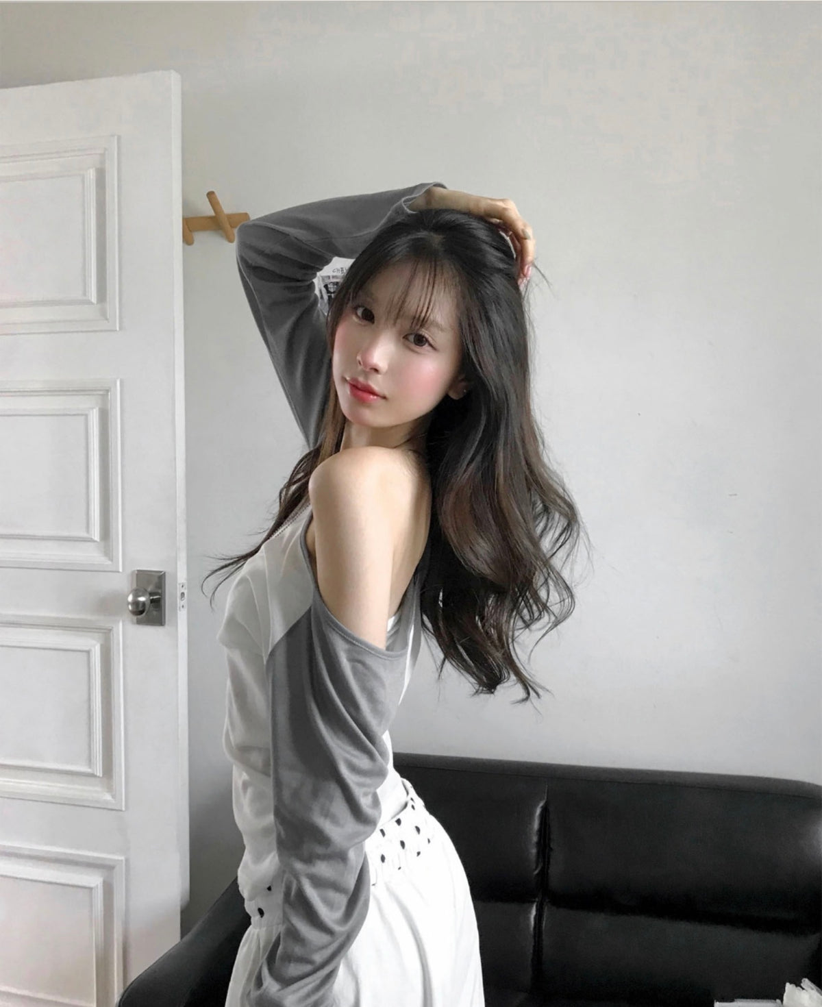 Korean Asymmetric Off-Shoulder Contrast Long Sleeve Top - 4 Colors (Instock)