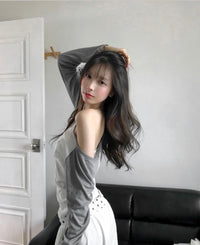 Korean Asymmetric Off-Shoulder Contrast Long Sleeve Top - 4 Colors (Instock)