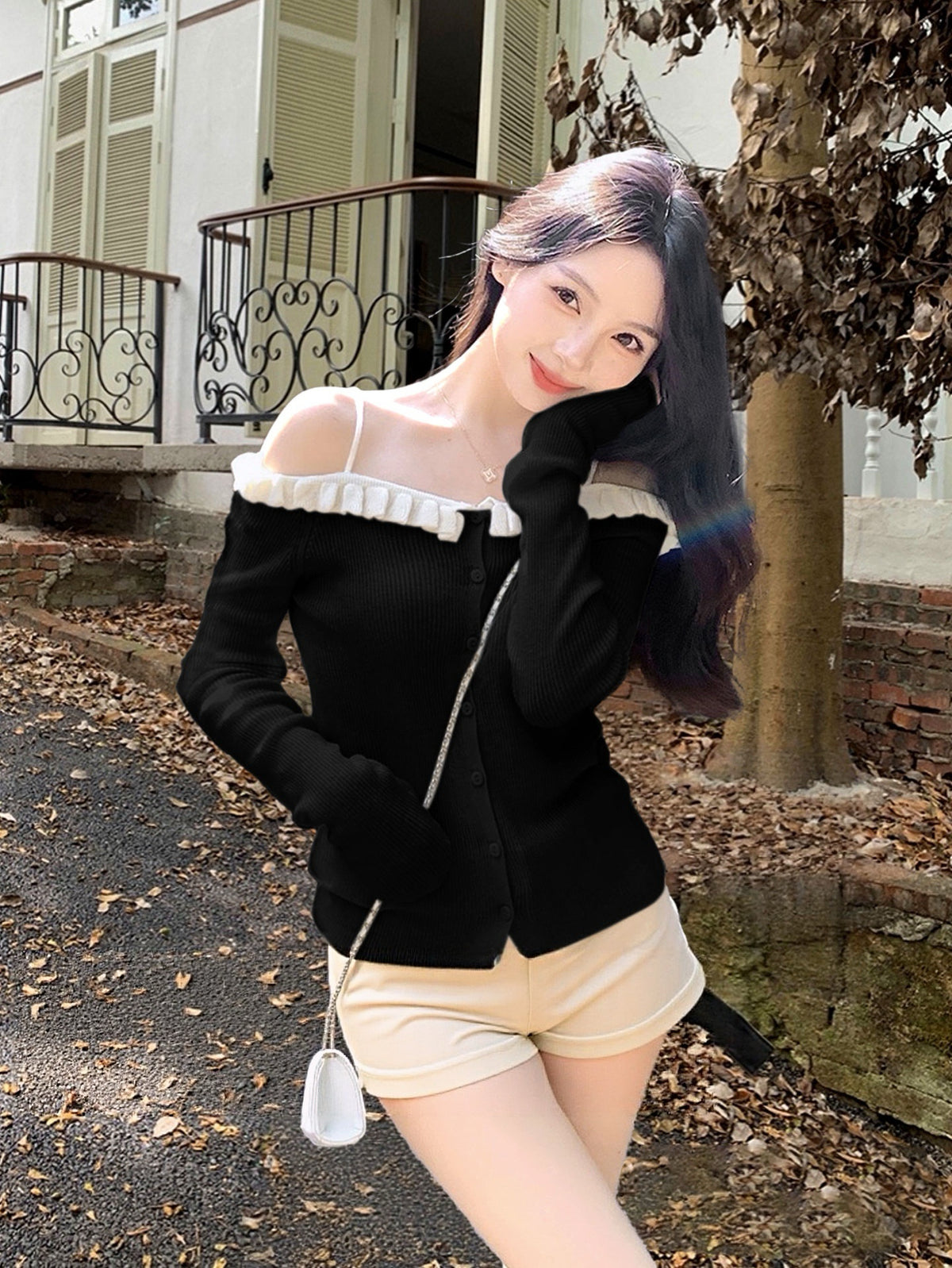 Kelly Designs  Off-Shoulder Ruffle Knit Cardigan – Soft Girl Button Black Top (Instock)
