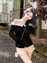 Kelly Designs  Off-Shoulder Ruffle Knit Cardigan – Soft Girl Button Black Top (Instock)