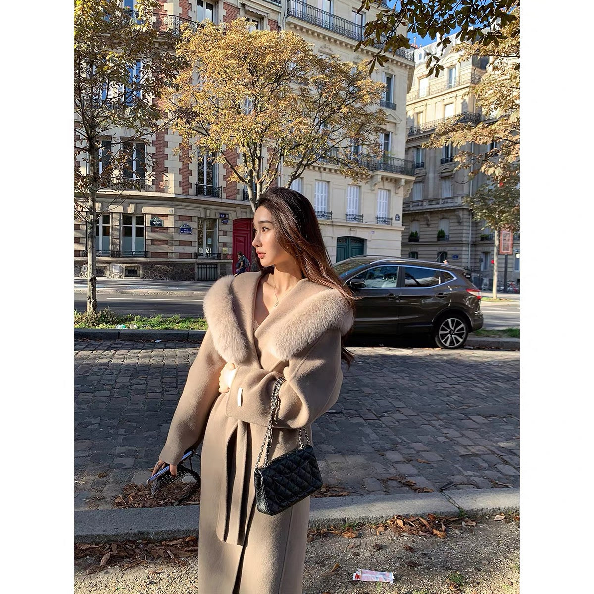 Kelly Designs 100% Wool Long Coat with Fox Fur Collar – Khaki (Instock)