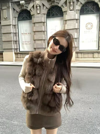 Kelly Designs Genuine Fox Fur Panel Zip-Up Knit Cardigan – Brown (Instock)