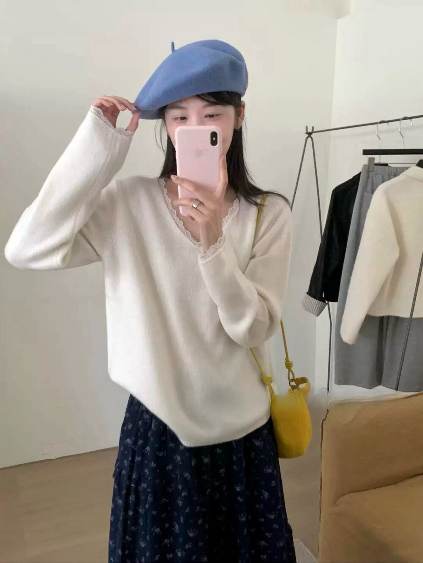 Kelly Designs 100% Wool Lace-Trim V-Neck Knit Sweater (3 Colors)- (Instock)