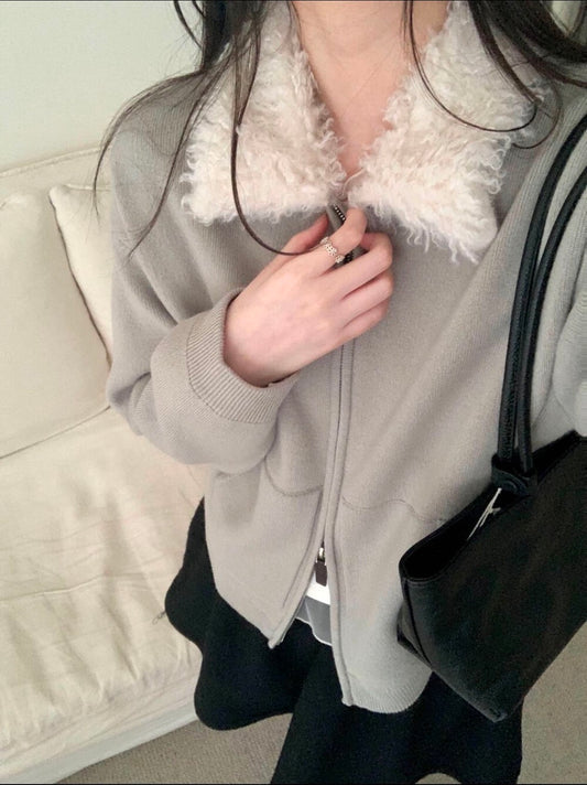 Kelly Designs Lamb Collar Wool Zip-Up Cardigan Jacket (Instock)