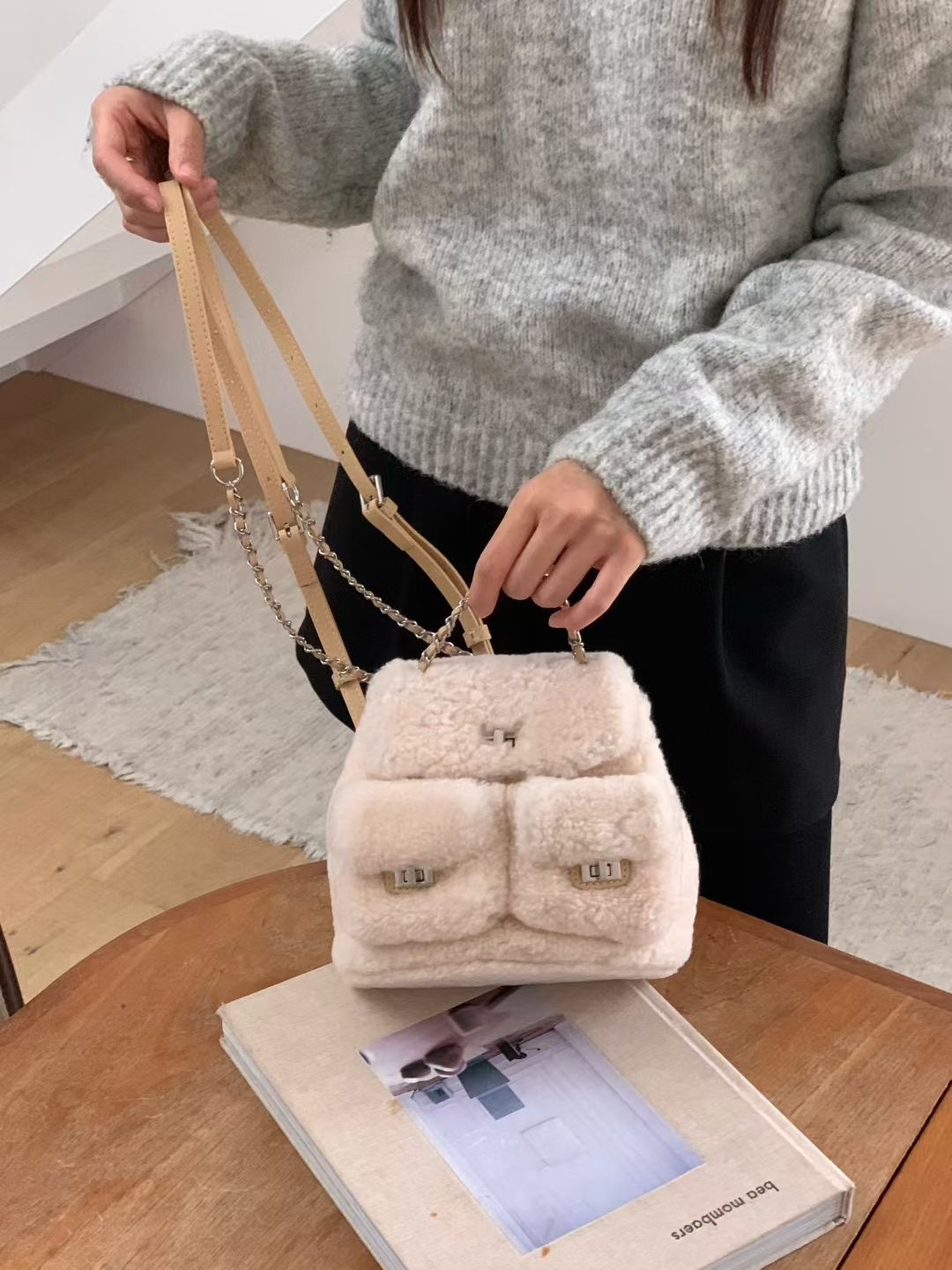 Korean APM Collection Three Colors Shearling Lampwool Backpack(Instock)