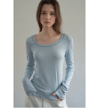 Korean Soft U-Neck Contrast Stitch Long Sleeve Top – 7 Colors (Instock)