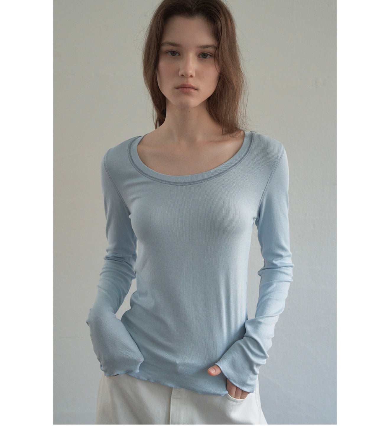 Korean Soft U-Neck Contrast Stitch Long Sleeve Top – 7 Colors (Instock)