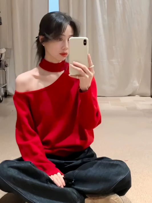 Kelly Designs Off-Shoulder Knit Sweater with Detachable Choker – Polyester (Instock)