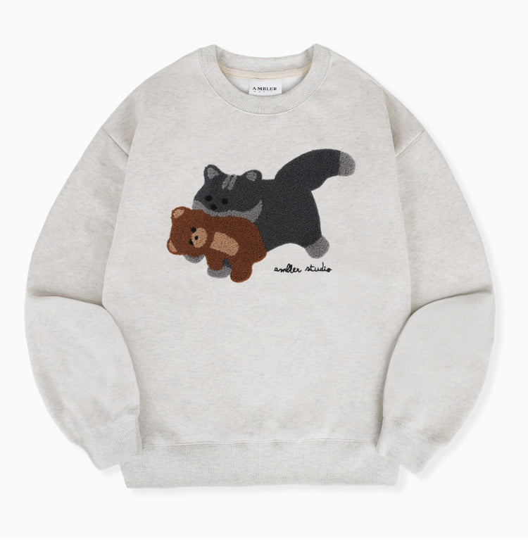 Ambler Overfit Cat biting Teddy bear Oatmeal Sweater (Preorder)