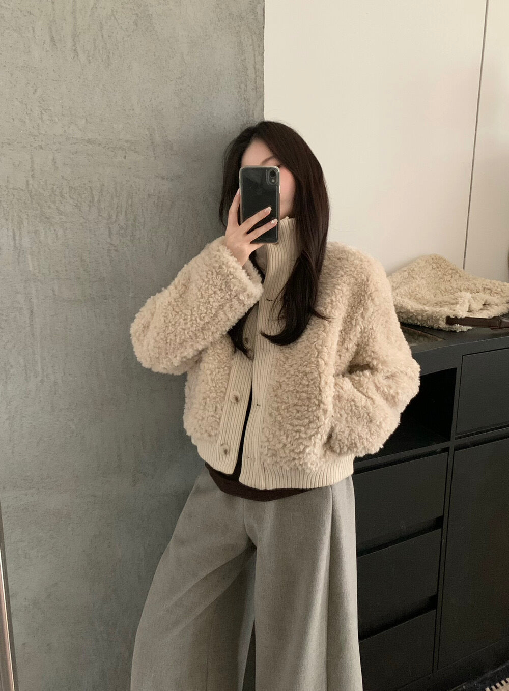 Kelly Designs Soft Teddy Knit-Trim Jacket – Cozy Stand Collar Short Coat (Instock)