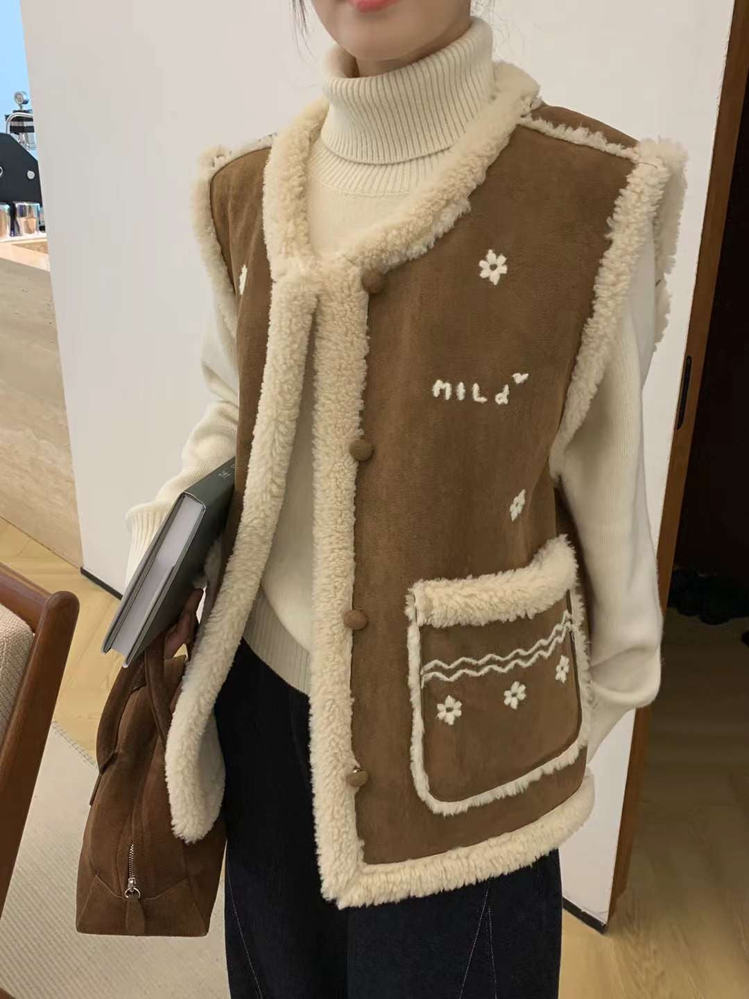 Kelly Designs Shearling Flowers Brown Vest (Instock)