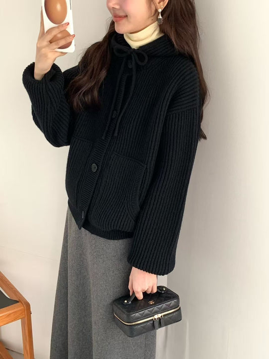 Korean APM Collection EGG Button Up Black Hoodie Wool Cardigan (Instock)