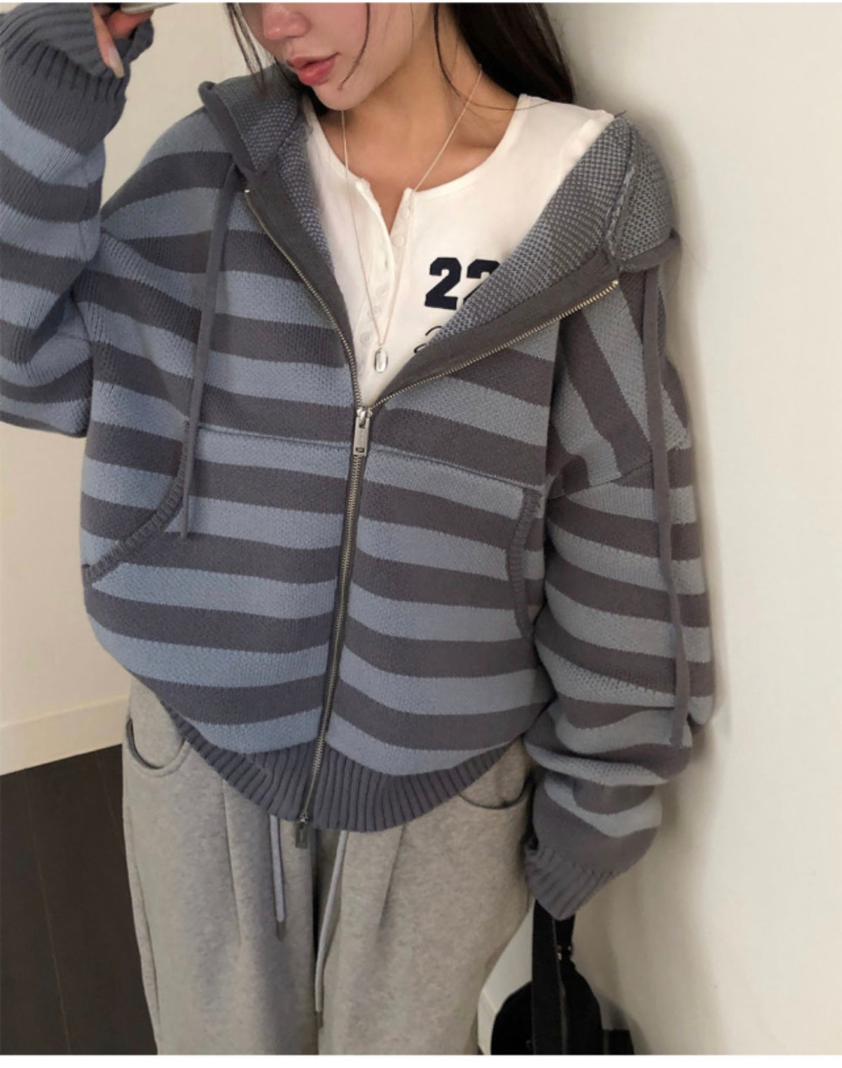 Korean Collection Lucy Oversized Striped Knit Zip-Up Hoodie (Instock)