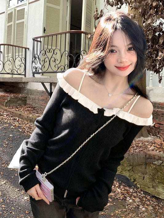 Kelly Designs  Off-Shoulder Ruffle Knit Cardigan – Soft Girl Button Black Top (Instock)