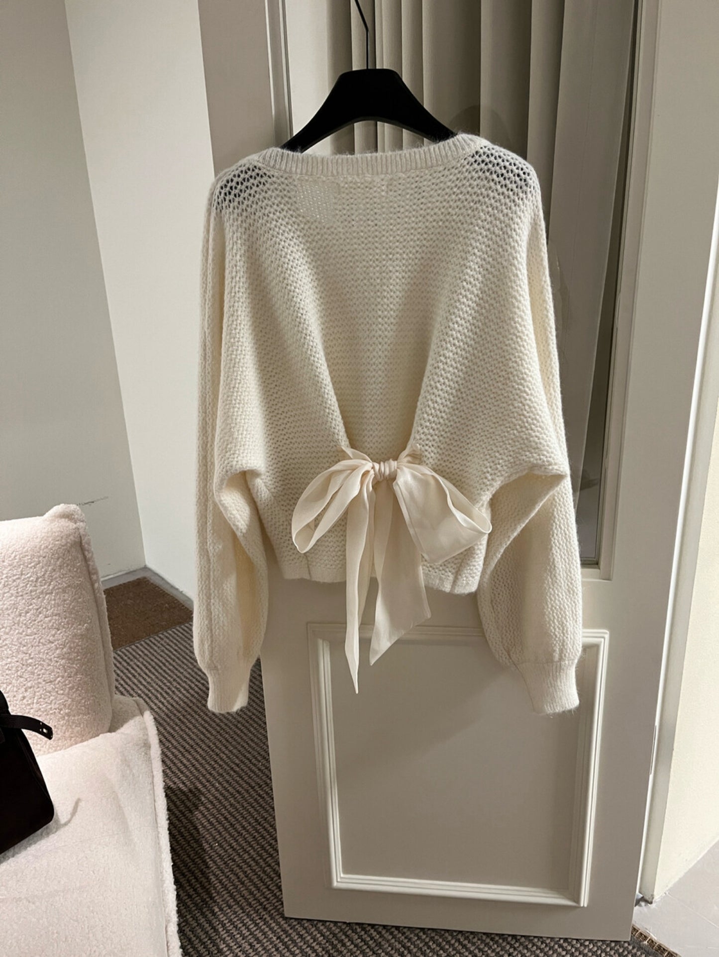 Kelly Designs Off-Shoulder Knit Sweater with Back Ribbon Tie & Khaki Skirt (Instock)