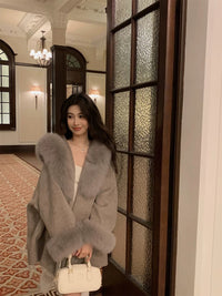 Kelly Designs Fox Fur Wool Khaki Coat (Instock)